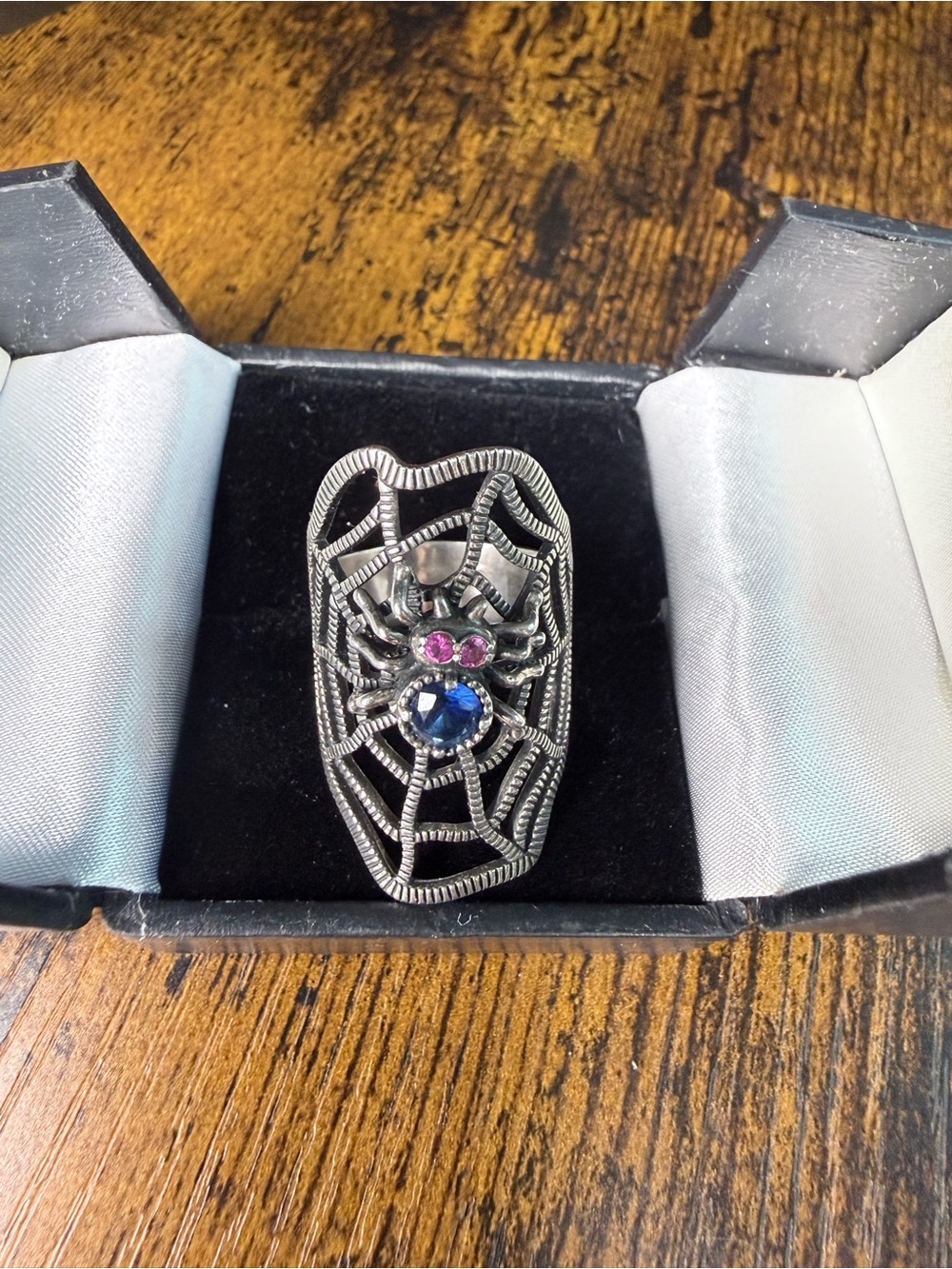 925 Silver Spider Web & Spider Statement Ring with Synthetic Sapphire and Rubies